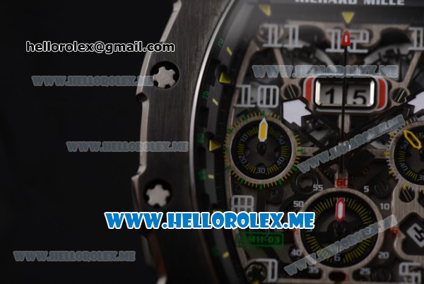 Richard Mille RM 011 Felipe Massa Flyback Swiss Valjoux 7750 Automatic PVD Case with Skeleton Dial and Black Rubber Strap Yellow Markers - Click Image to Close